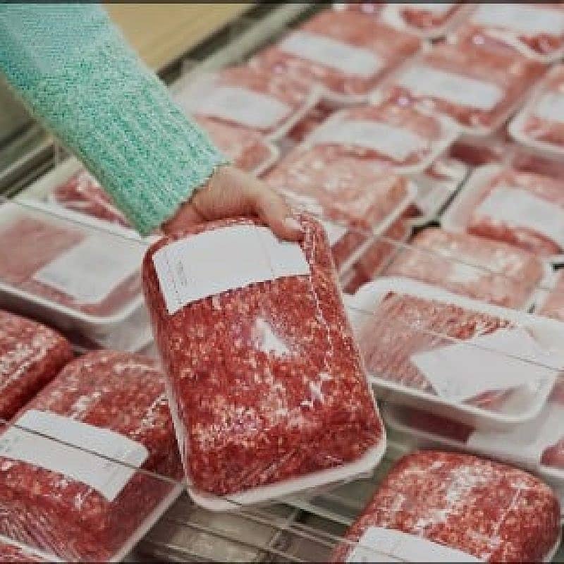 Ground beef in supermarket meat case