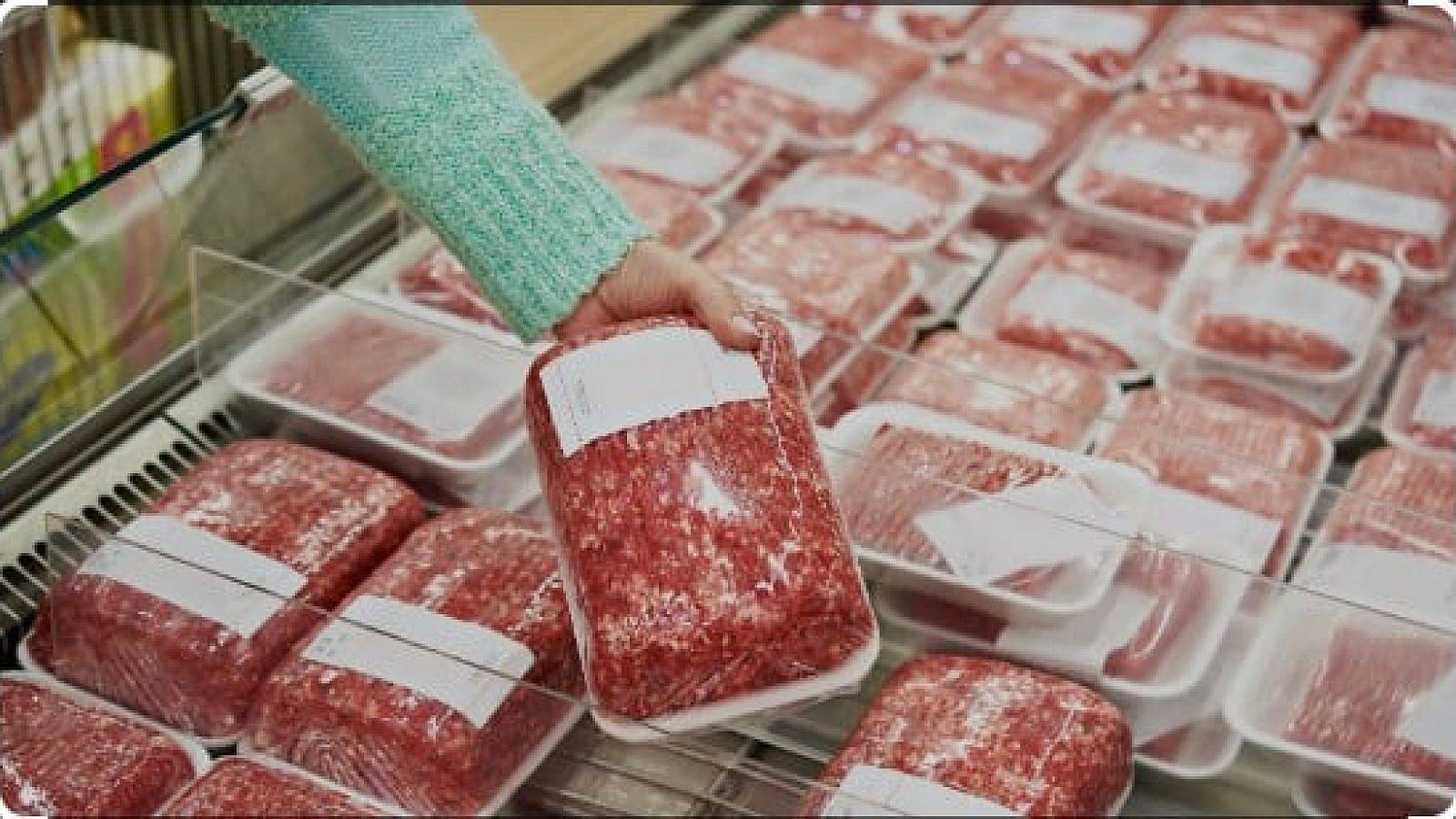 Ground beef in supermarket meat case