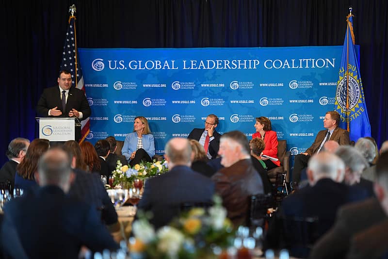 Panelists talk during a U.S Global Leadership Coalition event on Wednesday, March 27, 2024 at Sanford Event Barn in Sioux Falls, including CEO of Dakota State University Applied Research Andrea Thompson (center left) and U.S. Sen. John Thune (center). (Samantha Laurey/Argus Leader) 