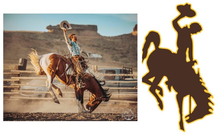 A cowboy on a bucking bronco