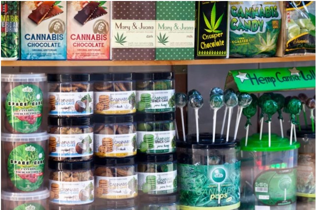 Shelves stocked with marijuana products
