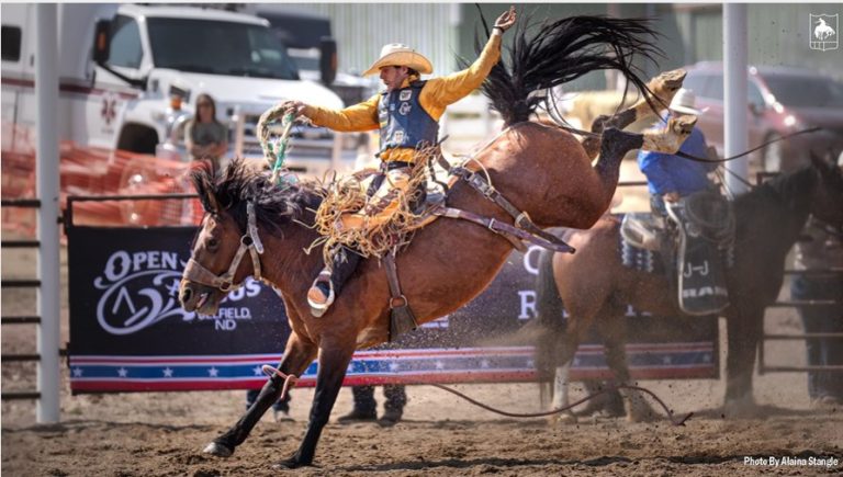 Rodeo cowboy riding a bucking bronc