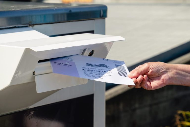 A voter drops a ballot in a voting box