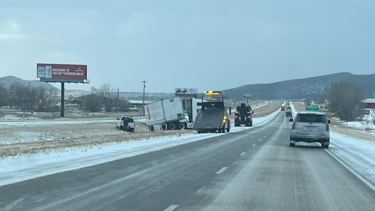 A semi-truck is currently being extricated from a ditch near exit 44 on Interstate 90 near Piedmont, South Dakota.